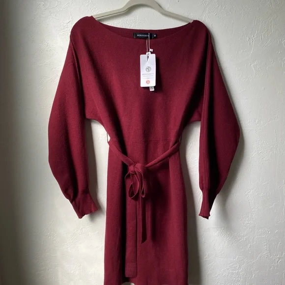 🎄NWT MEROKEETY Off Shoulder Ribbed Knit Sweater Dress Wine Red Fall Mini Dress M - Picture 3 of 8